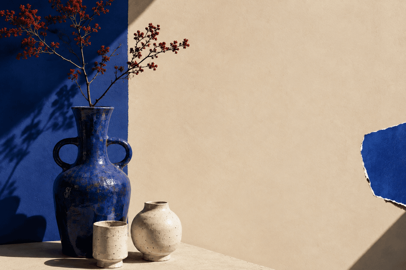 Composition de céramiques artisanales bleu cobalt et crème