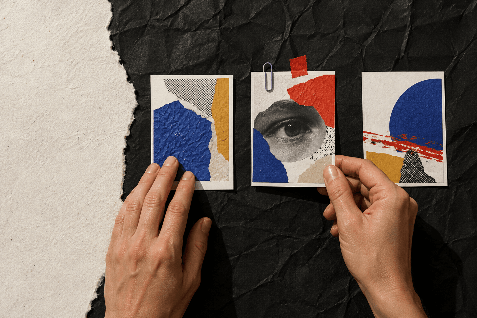 Deux mains choisissant une direction créative parmi trois collages imprimés